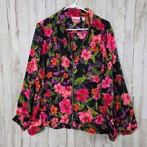 Susan Graver Floral Zip Up Jacket Black Pink Size 2x